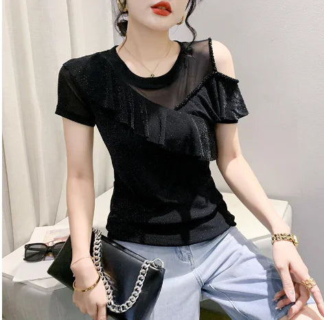 Women's Ruffled Short-Sleeved Chiffon Shirt with Mesh