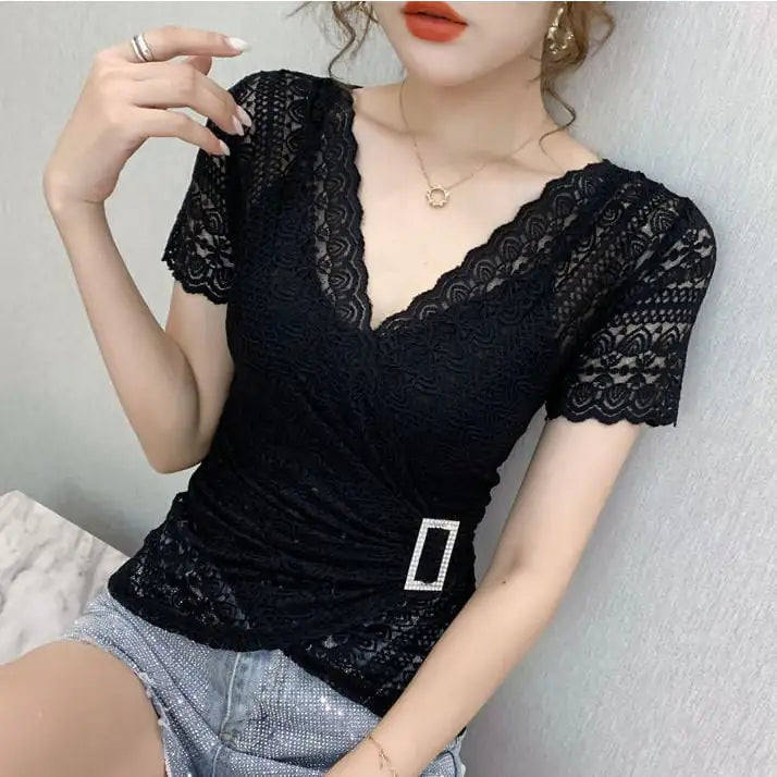Trendy V-neck Lace Short-sleeved Women's Blouse