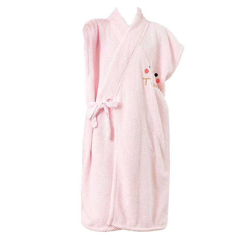 Women's Short Sleeve Bathrobe with Embroidered Smiley Face