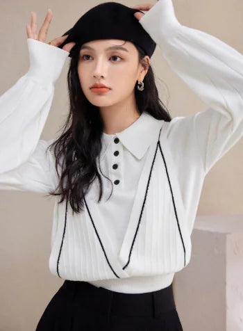 Polo Collar Knit Top - Women’s Fake Two-Piece Sweater