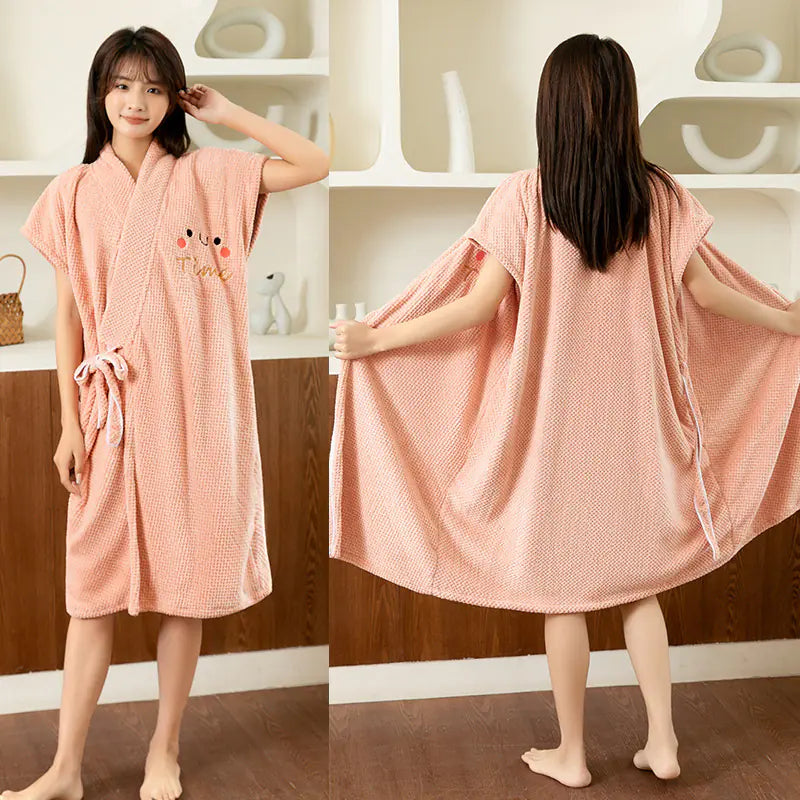 Women's Short Sleeve Bathrobe with Embroidered Smiley Face