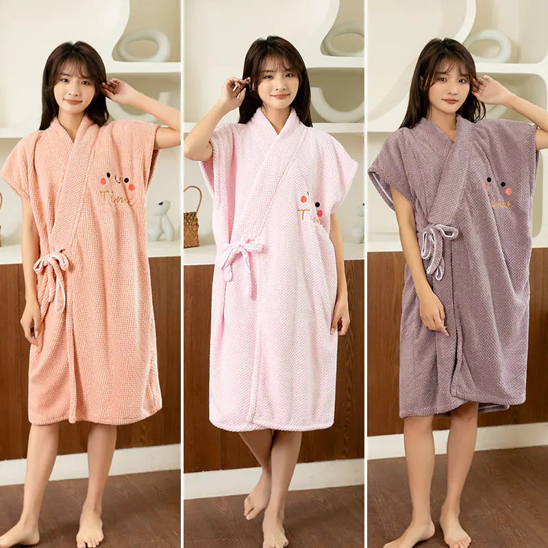 Women's Short Sleeve Bathrobe with Embroidered Smiley Face