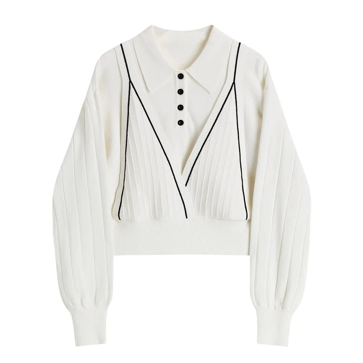 Polo Collar Knit Top - Women’s Fake Two-Piece Sweater