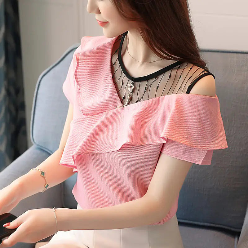 Women's Ruffled Short-Sleeved Chiffon Shirt with Mesh