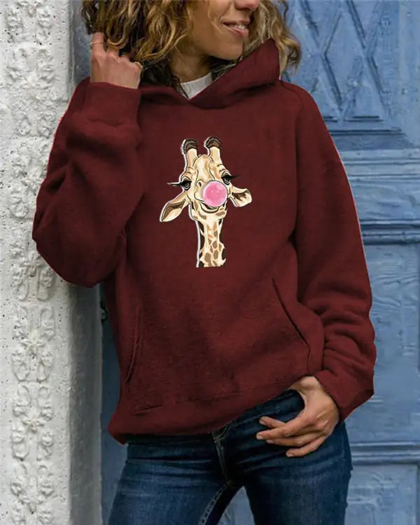 Solid Color Printed Round Neck Sweater for Women