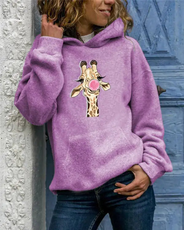 Solid Color Printed Round Neck Sweater for Women