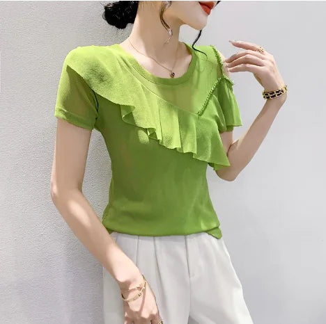 Women's Ruffled Short-Sleeved Chiffon Shirt with Mesh