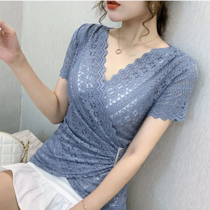 Trendy V-neck Lace Short-sleeved Women's Blouse