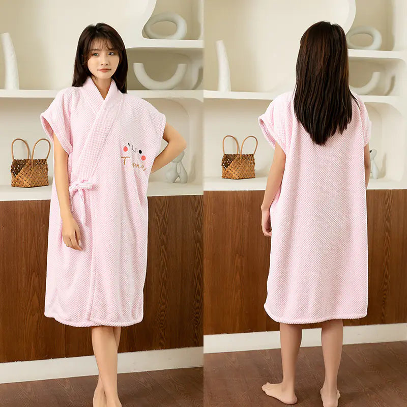Women's Short Sleeve Bathrobe with Embroidered Smiley Face