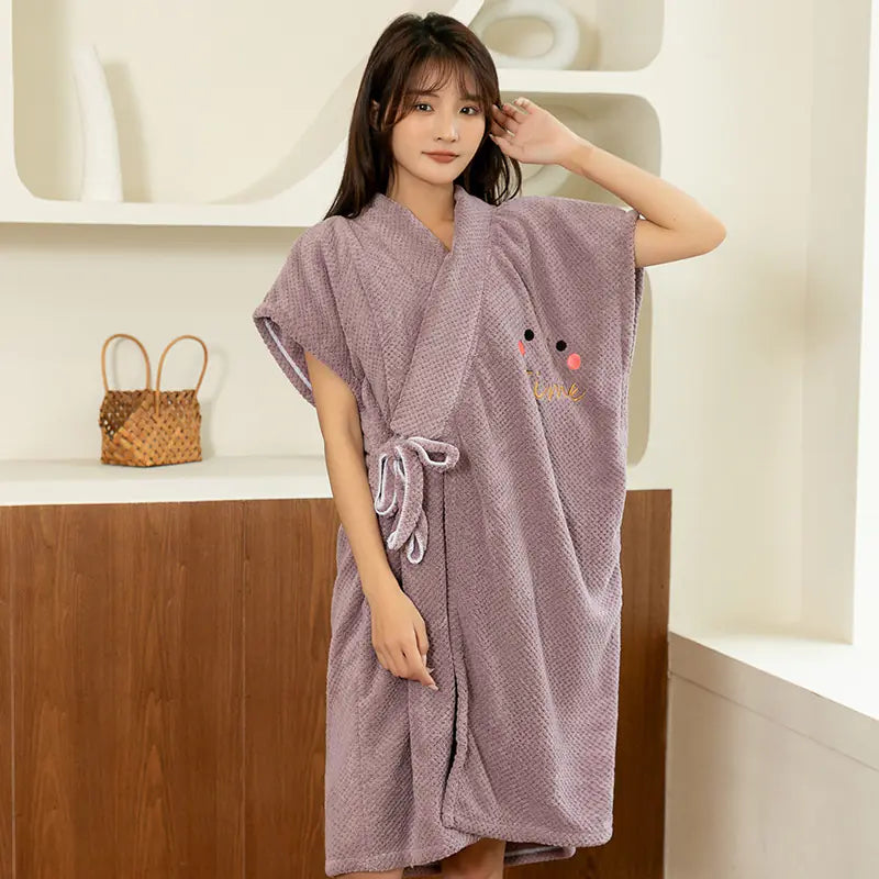 Women's Short Sleeve Bathrobe with Embroidered Smiley Face