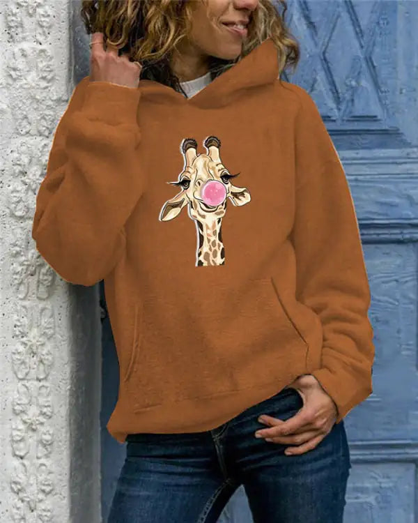 Solid Color Printed Round Neck Sweater for Women