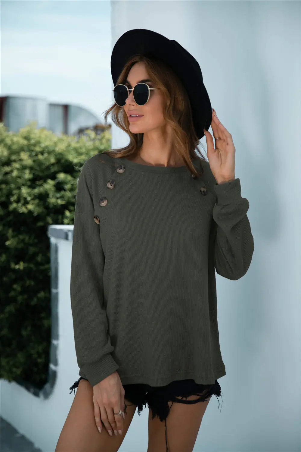 New Crew Neck Button Decorated Long Sleeve Sweater