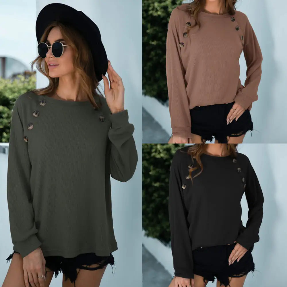 New Crew Neck Button Decorated Long Sleeve Sweater
