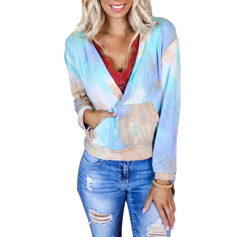 Tie-Dye Print V-Neck Long Sleeve Pocket Hoodie