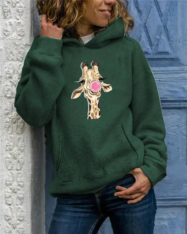 Solid Color Printed Round Neck Sweater for Women