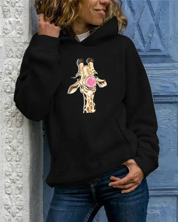 Solid Color Printed Round Neck Sweater for Women