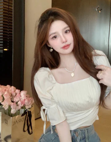 French One-Shoulder Cropped Clavicle Top for Women