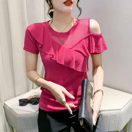 Women's Ruffled Short-Sleeved Chiffon Shirt with Mesh