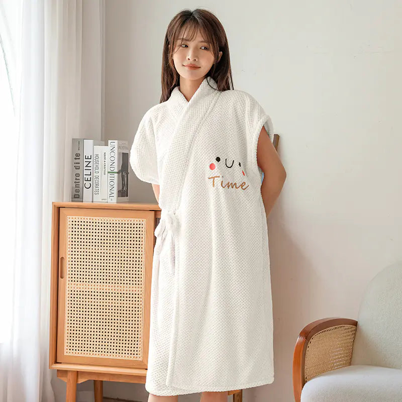 Women's Short Sleeve Bathrobe with Embroidered Smiley Face