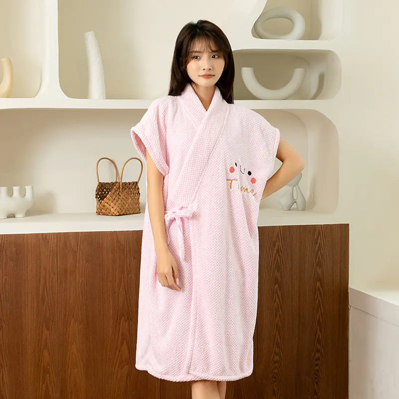 Women's Short Sleeve Bathrobe with Embroidered Smiley Face