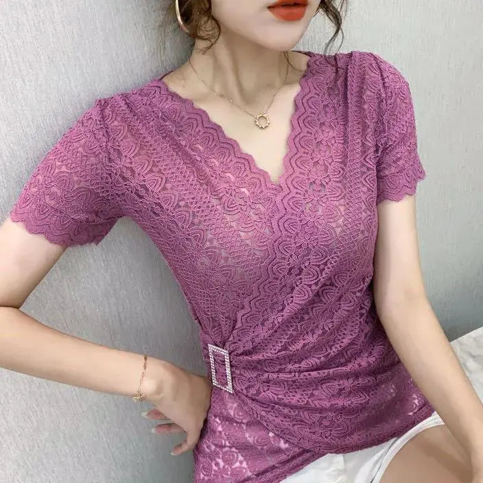 Trendy V-neck Lace Short-sleeved Women's Blouse