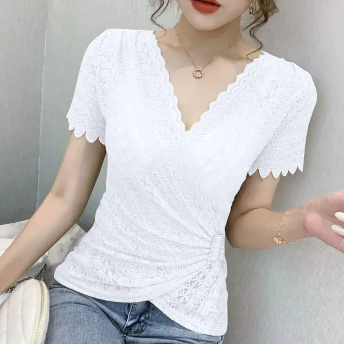 Trendy V-neck Lace Short-sleeved Women's Blouse