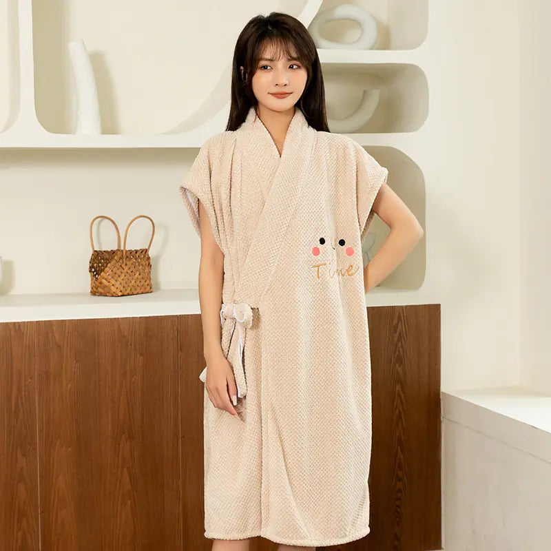 Women's Short Sleeve Bathrobe with Embroidered Smiley Face
