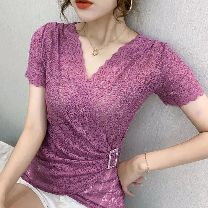 Trendy V-neck Lace Short-sleeved Women's Blouse