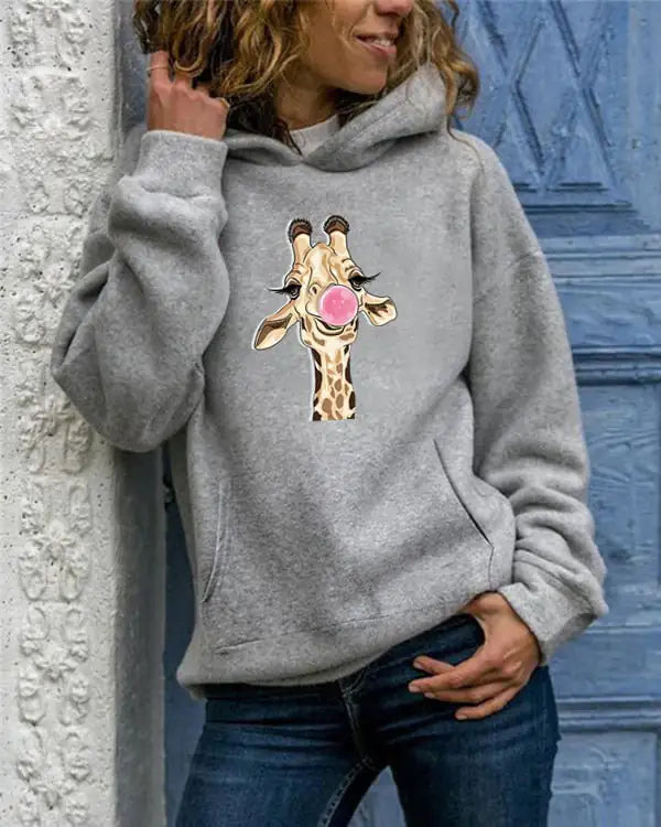 Solid Color Printed Round Neck Sweater for Women